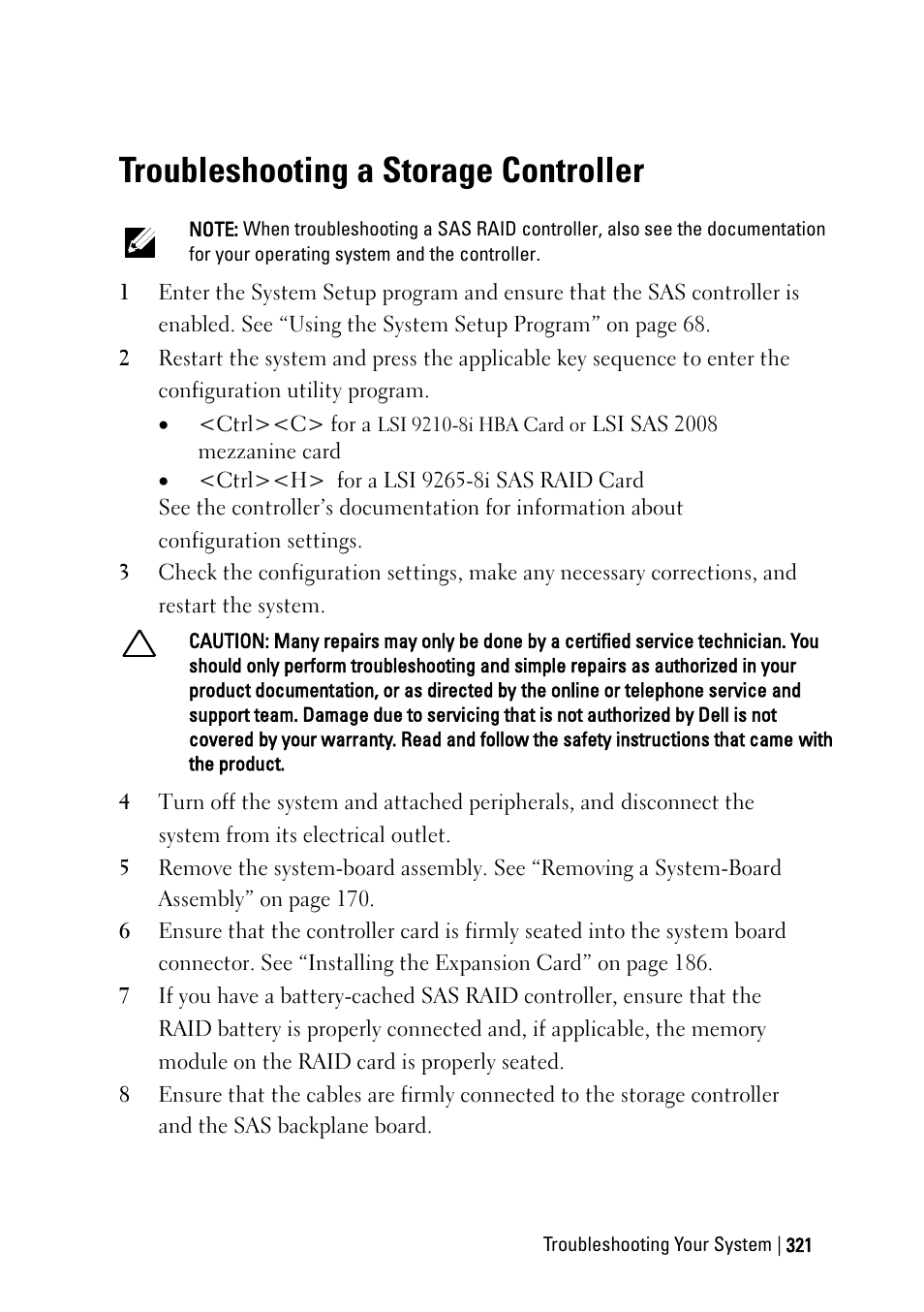 Troubleshooting a storage controller | Dell PowerEdge C6220 II User Manual | Page 321 / 349