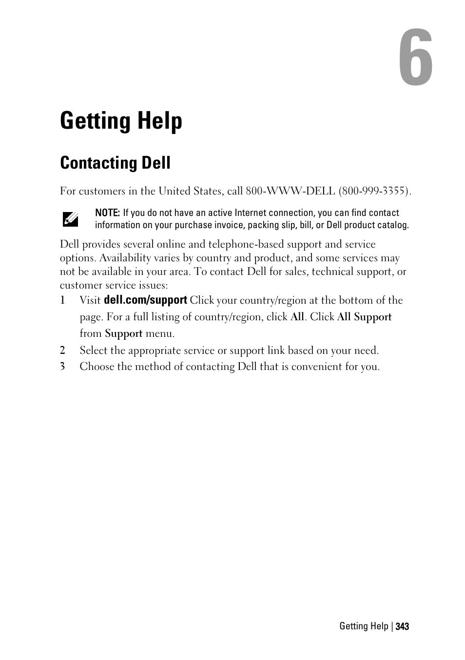 Getting help, Contacting dell, Ge 343 | Dell PowerEdge C6220 II User Manual | Page 343 / 349