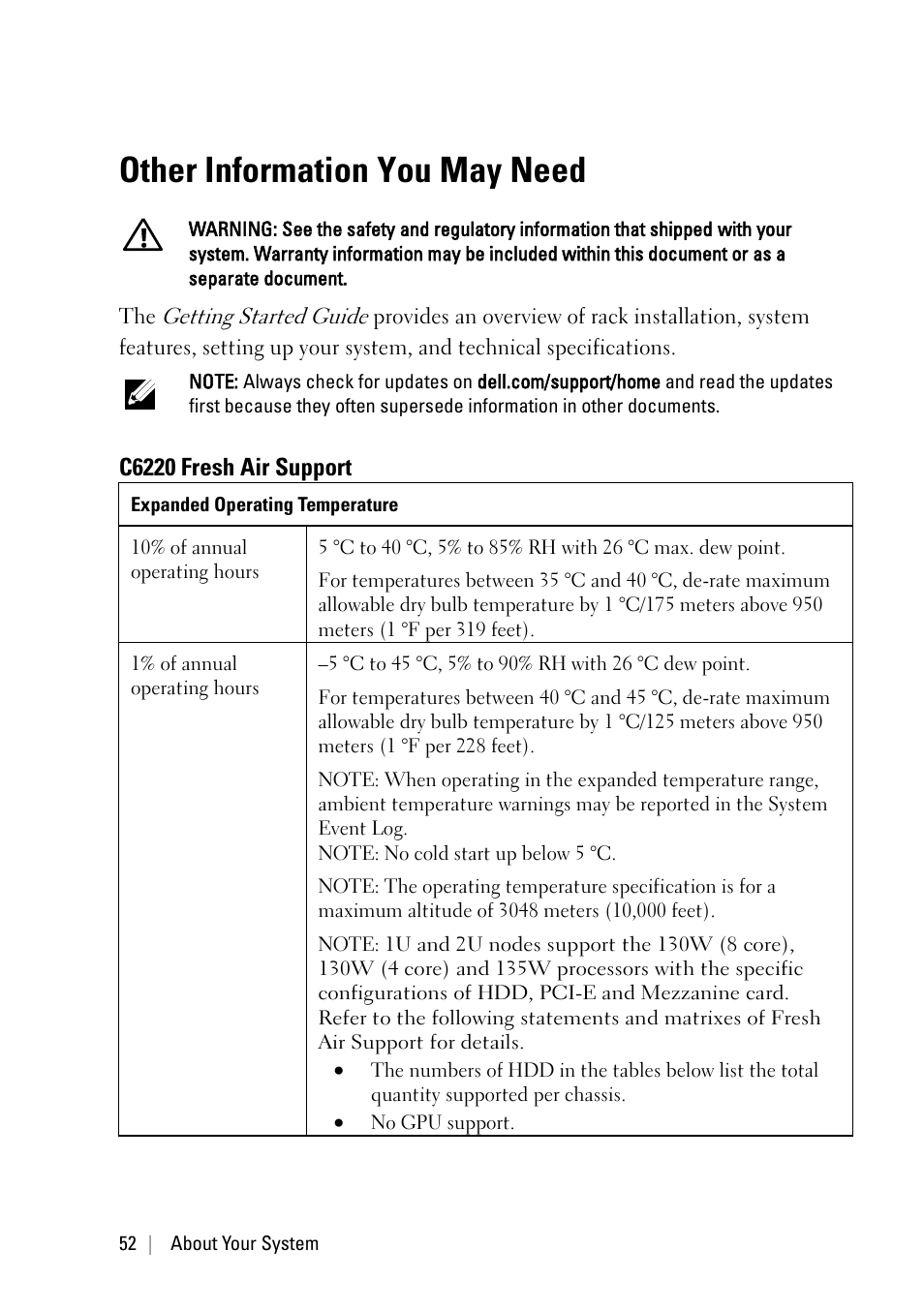 Other information you may need, C6220 fresh air support | Dell PowerEdge C6220 II User Manual | Page 52 / 349