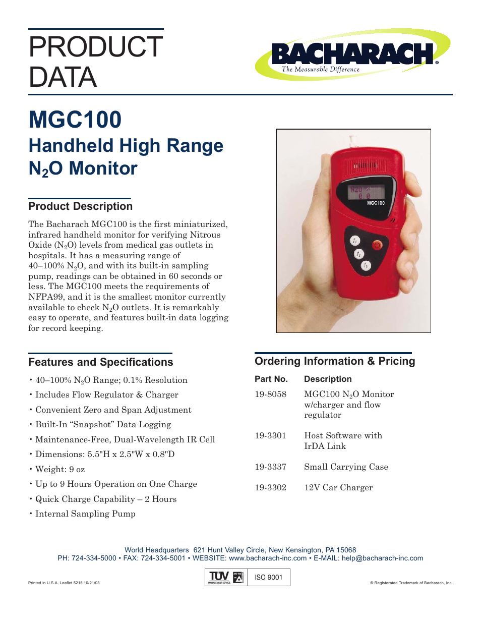 Bacharach MGC100 User Manual | 1 page