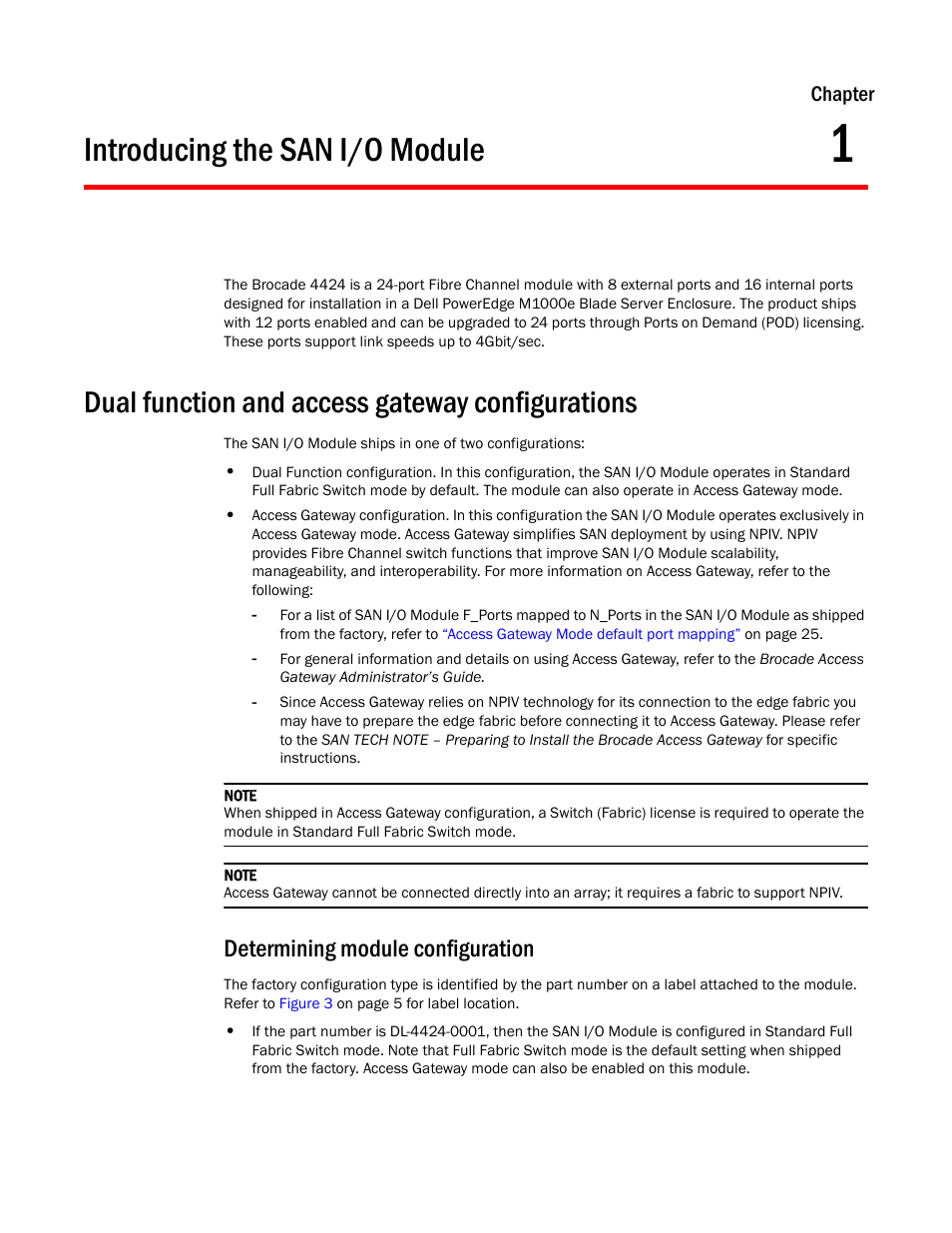 Introducing the san i/o module, Dual function and access gateway configurations, Determining module configuration | Chapter 1, Chapter 1, “introducing the san i/o module | Dell PowerEdge M805 User Manual | Page 11 / 48