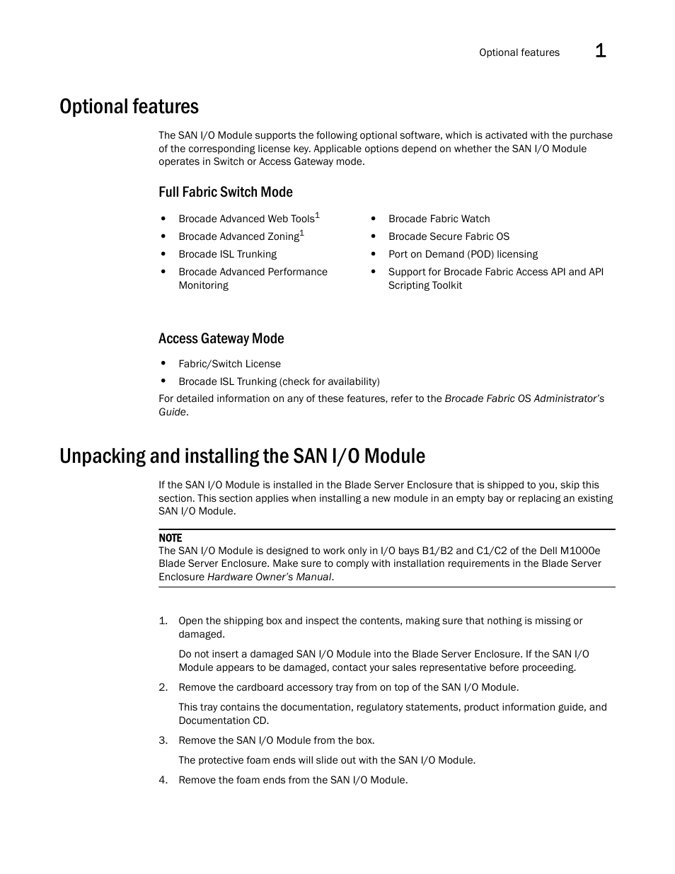 Optional features, Unpacking and installing the san i/o module, Full fabric switch mode access gateway mode | Dell PowerEdge M805 User Manual | Page 17 / 48