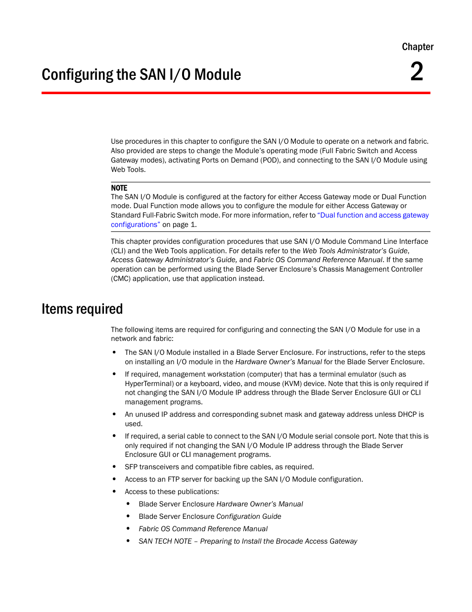 Configuring the san i/o module, Items required, Chapter 2 | Chapter 2, “configuring the san i/o module, Chapter 2, “configuring the san i/o, Module | Dell PowerEdge M805 User Manual | Page 19 / 48