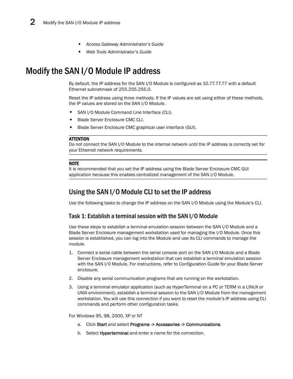 Modify the san i/o module ip address, Using the san i/o module cli to set the ip address | Dell PowerEdge M805 User Manual | Page 20 / 48