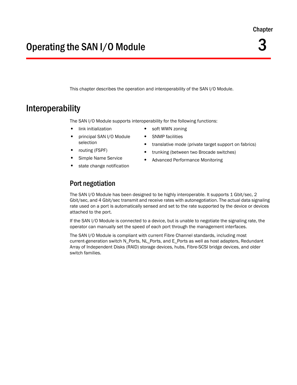 Operating the san i/o module, Interoperability, Port negotiation | Chapter 3, Chapter 3, “operating the san i/o module | Dell PowerEdge M805 User Manual | Page 29 / 48