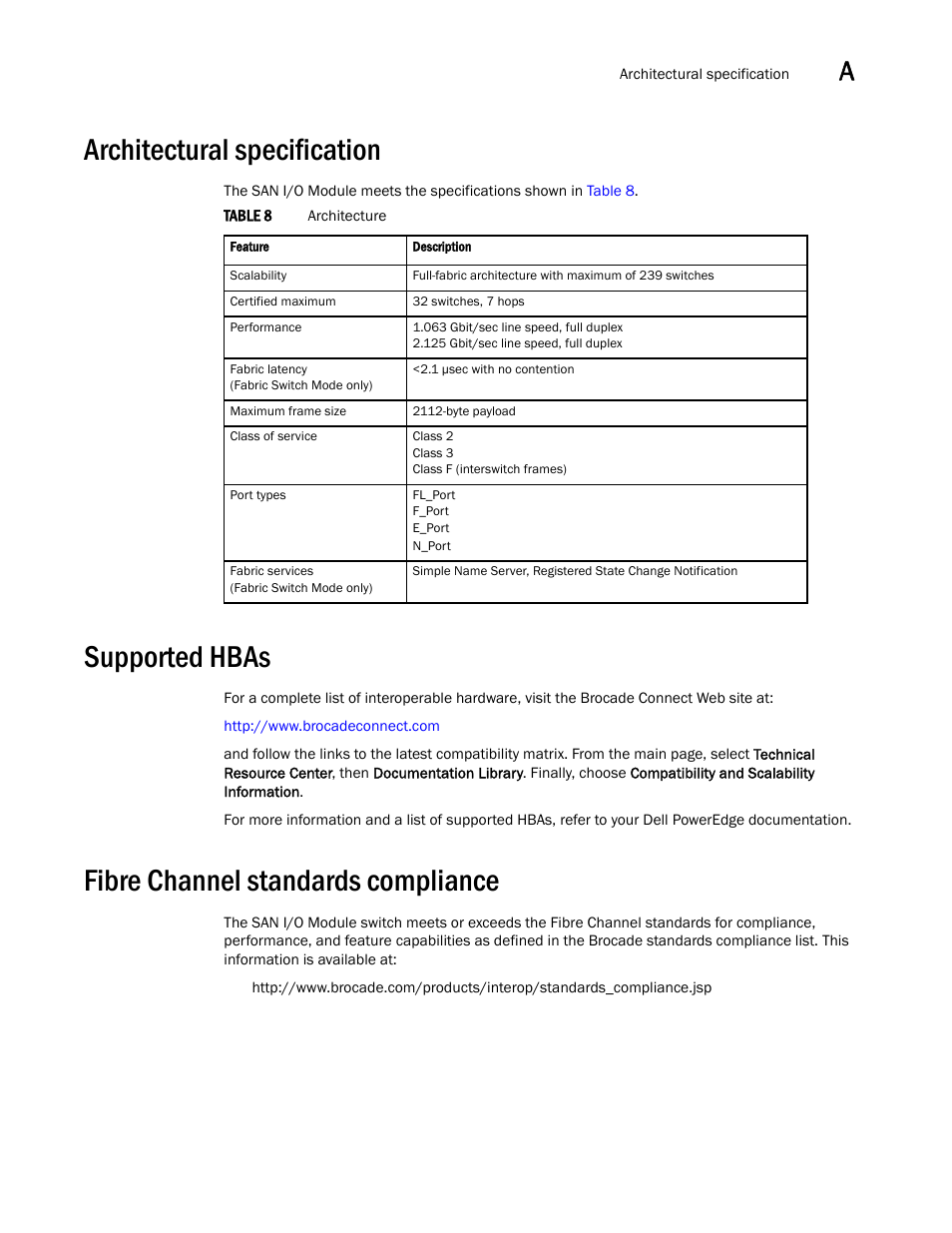 Architectural specification, Supported hbas, Fibre channel standards compliance | Dell PowerEdge M805 User Manual | Page 37 / 48