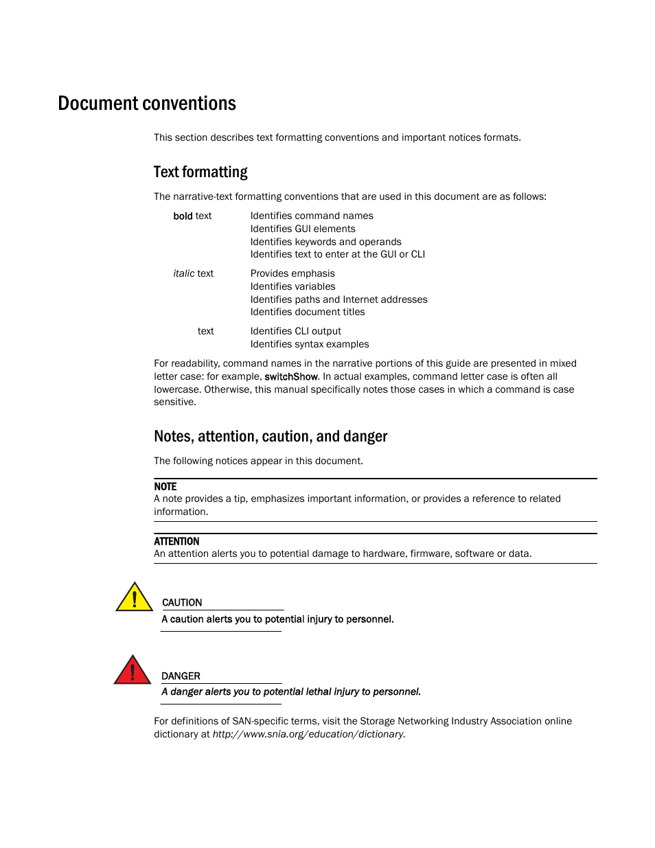 Document conventions, Text formatting, Notes, attention, caution, and danger | Dell PowerEdge M805 User Manual | Page 6 / 48