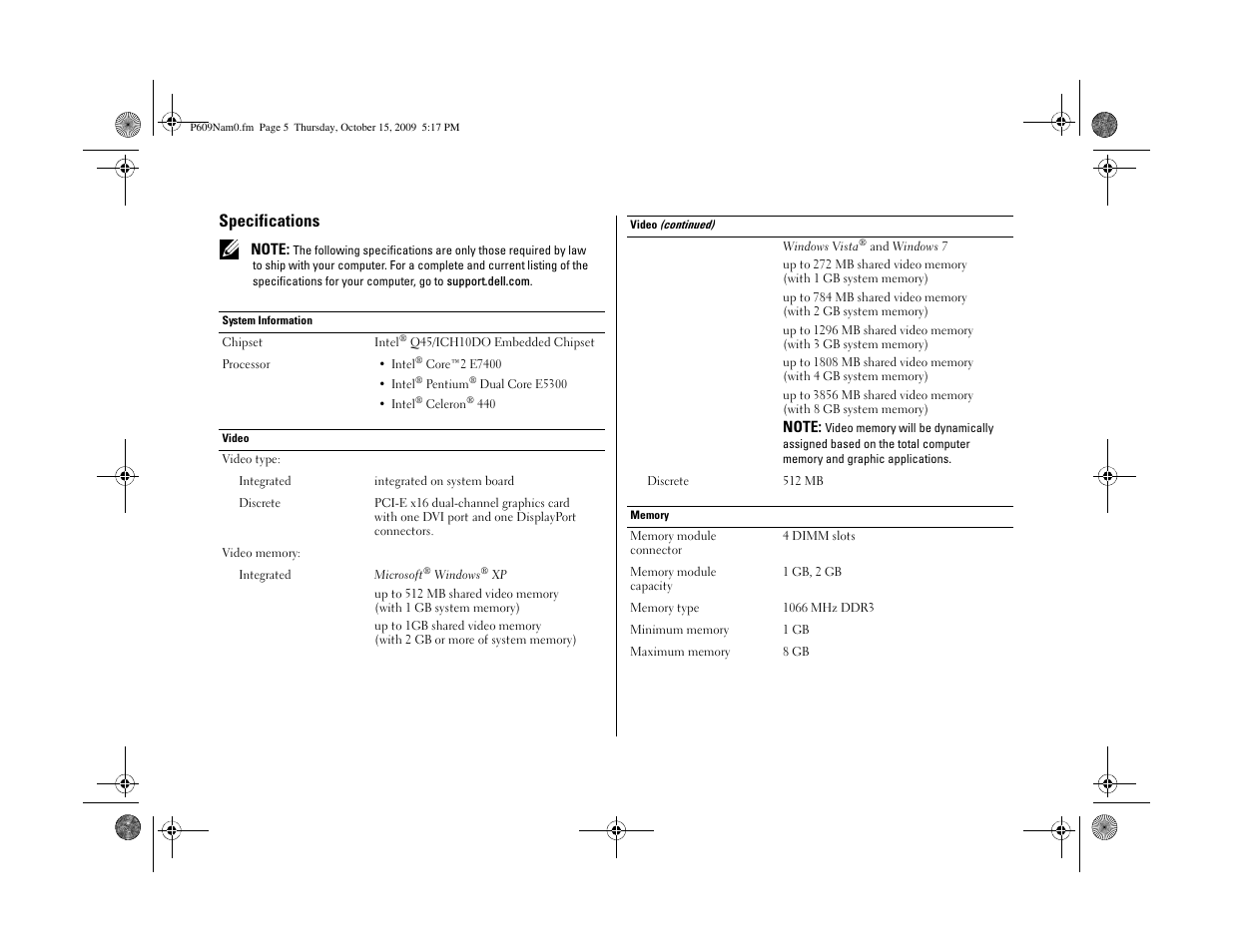 Specifications | Dell OptiPlex XE (Early 2010) User Manual | Page 5 / 8
