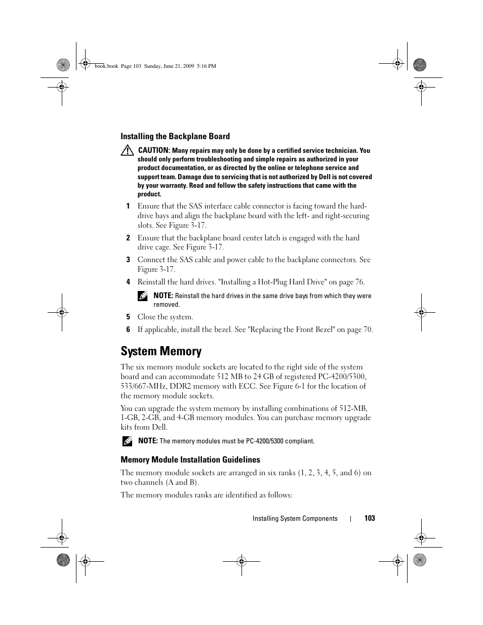 Installing the backplane board, System memory, Memory module installation guidelines | Dell POWEREDGE 300 User Manual | Page 103 / 186