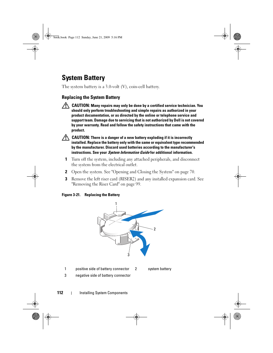 System battery, Replacing the system battery | Dell POWEREDGE 300 User Manual | Page 112 / 186