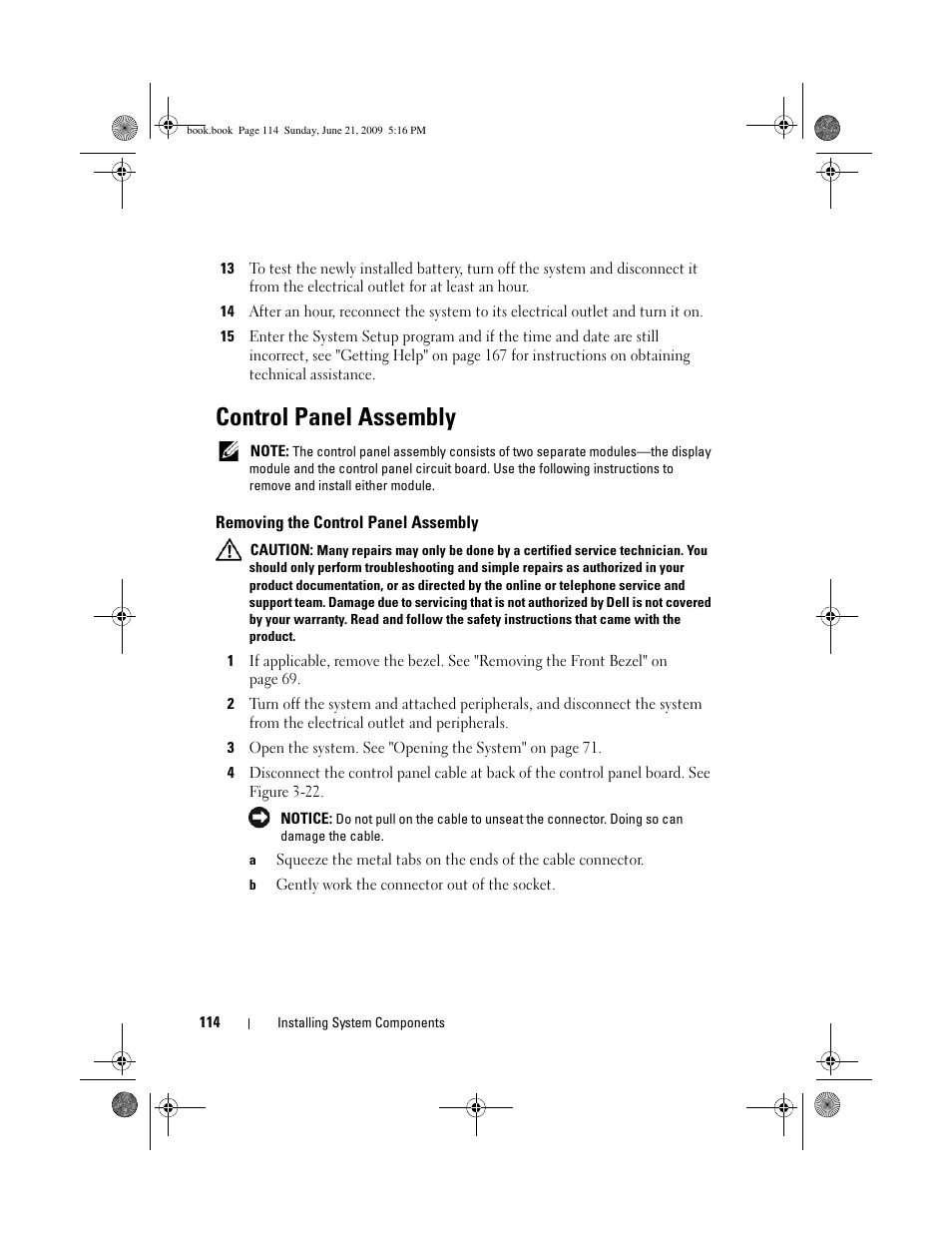 Control panel assembly, Removing the control panel assembly | Dell POWEREDGE 300 User Manual | Page 114 / 186