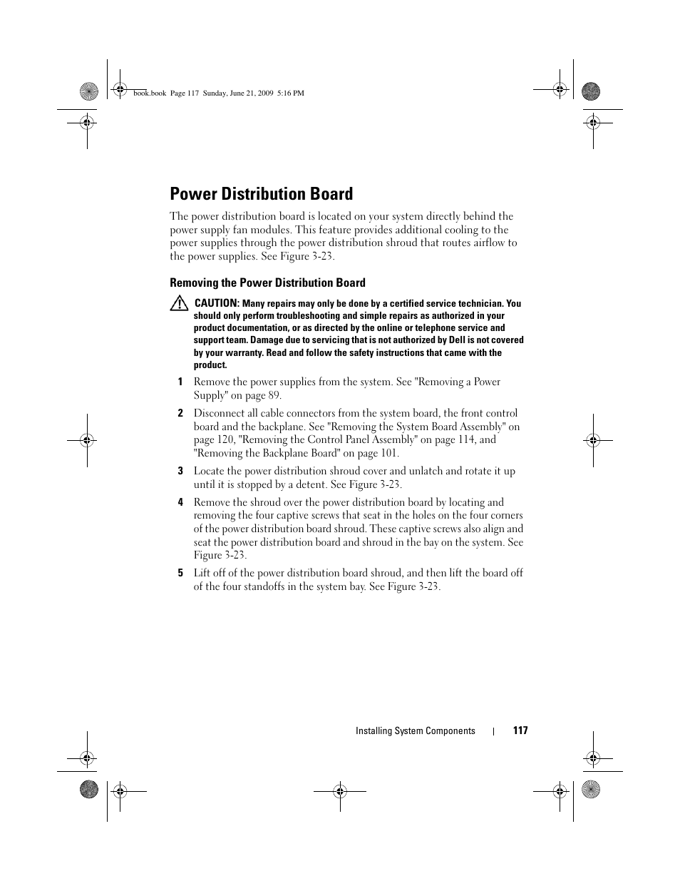 Power distribution board, Removing the power distribution board | Dell POWEREDGE 300 User Manual | Page 117 / 186