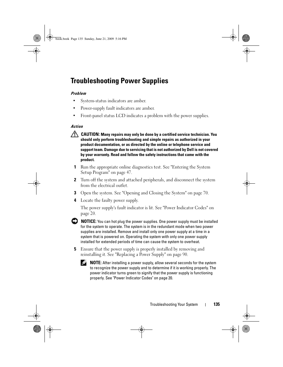 Troubleshooting power supplies | Dell POWEREDGE 300 User Manual | Page 135 / 186