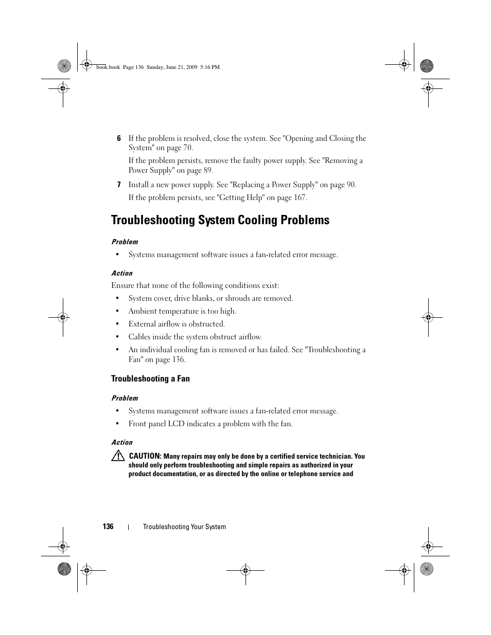 Troubleshooting system cooling problems, Troubleshooting a fan | Dell POWEREDGE 300 User Manual | Page 136 / 186