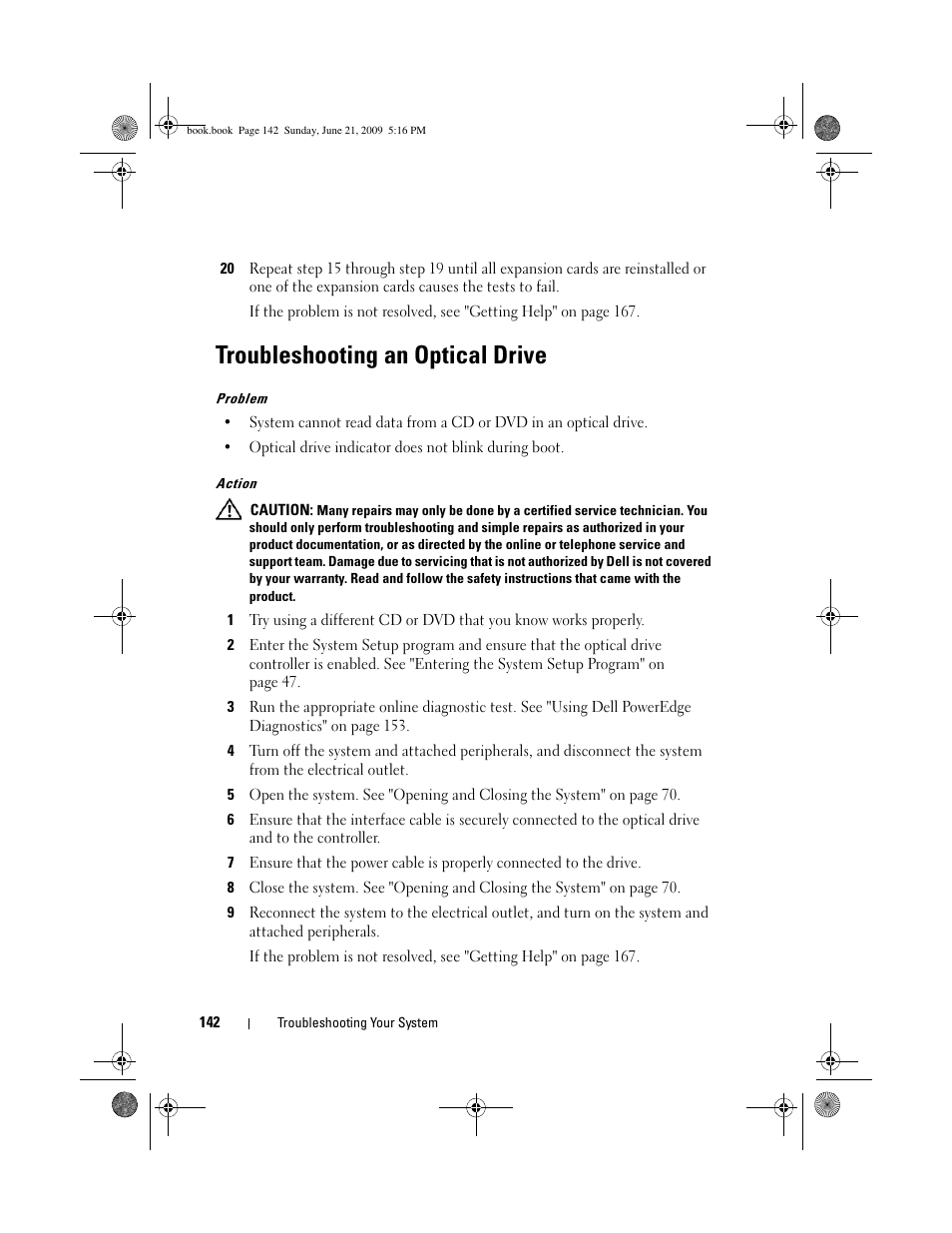 Troubleshooting an optical drive | Dell POWEREDGE 300 User Manual | Page 142 / 186