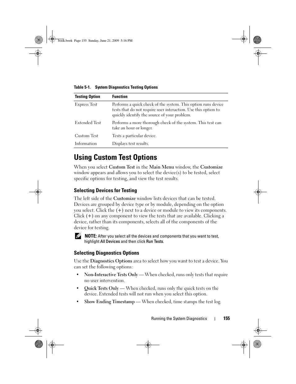 Using custom test options, Selecting devices for testing, Selecting diagnostics options | Dell POWEREDGE 300 User Manual | Page 155 / 186