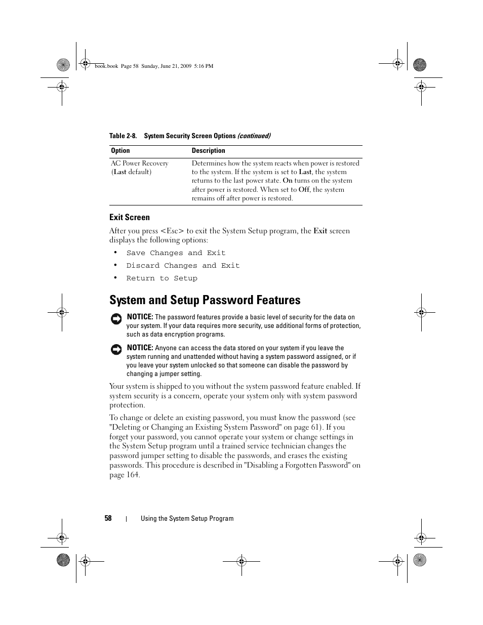 Exit screen, System and setup password features | Dell POWEREDGE 300 User Manual | Page 58 / 186