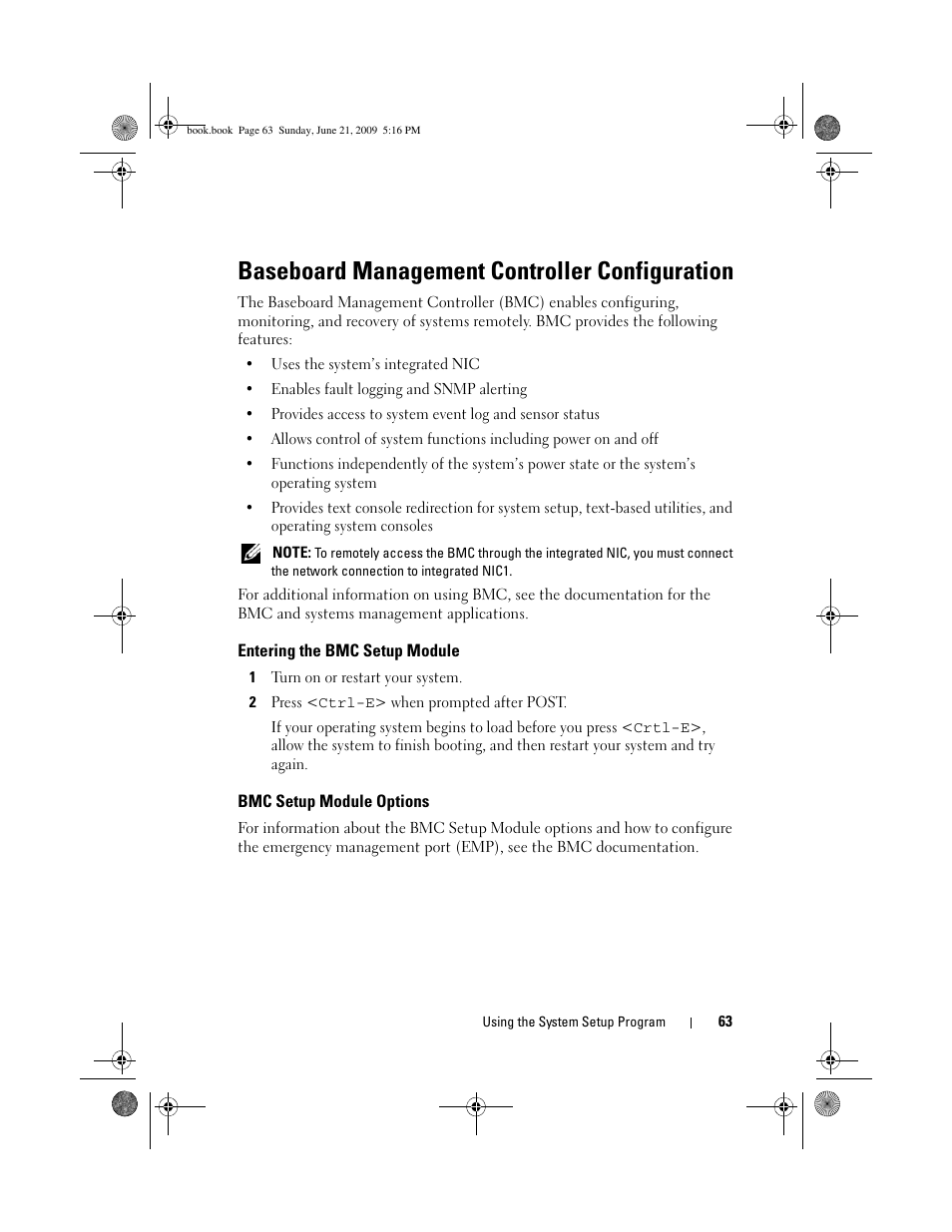 Baseboard management controller configuration, Entering the bmc setup module, Bmc setup module options | Dell POWEREDGE 300 User Manual | Page 63 / 186