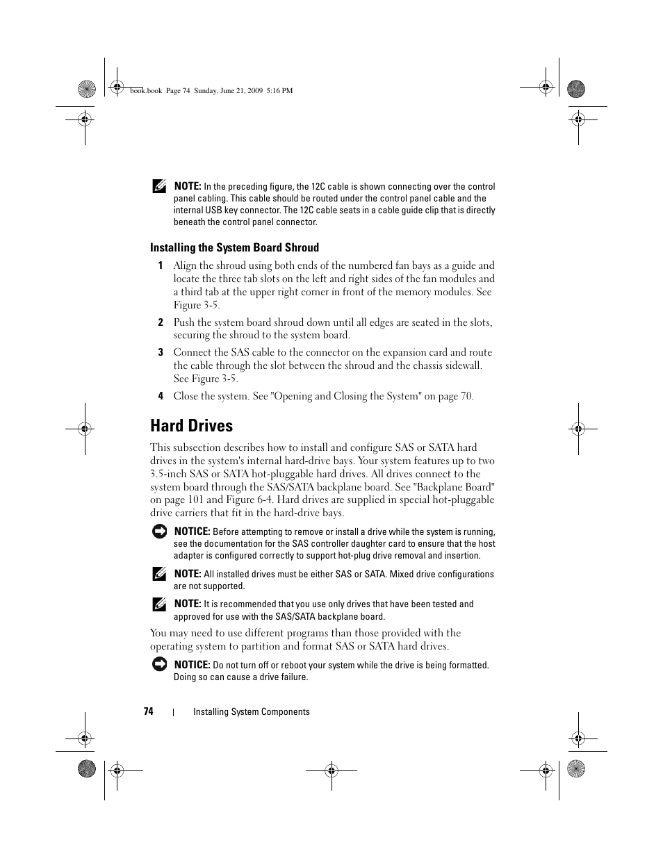 Installing the system board shroud, Hard drives | Dell POWEREDGE 300 User Manual | Page 74 / 186