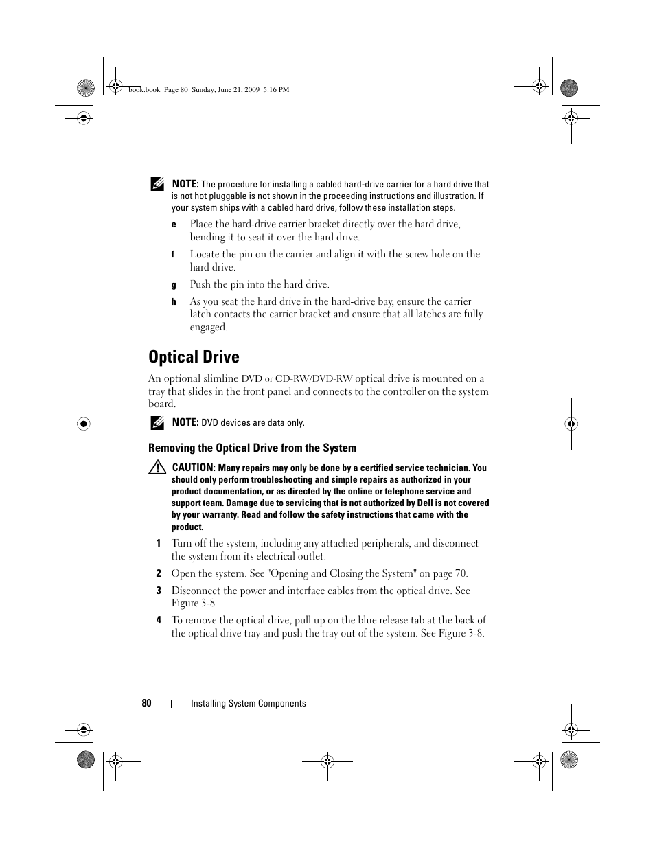 Optical drive, Removing the optical drive from the system | Dell POWEREDGE 300 User Manual | Page 80 / 186