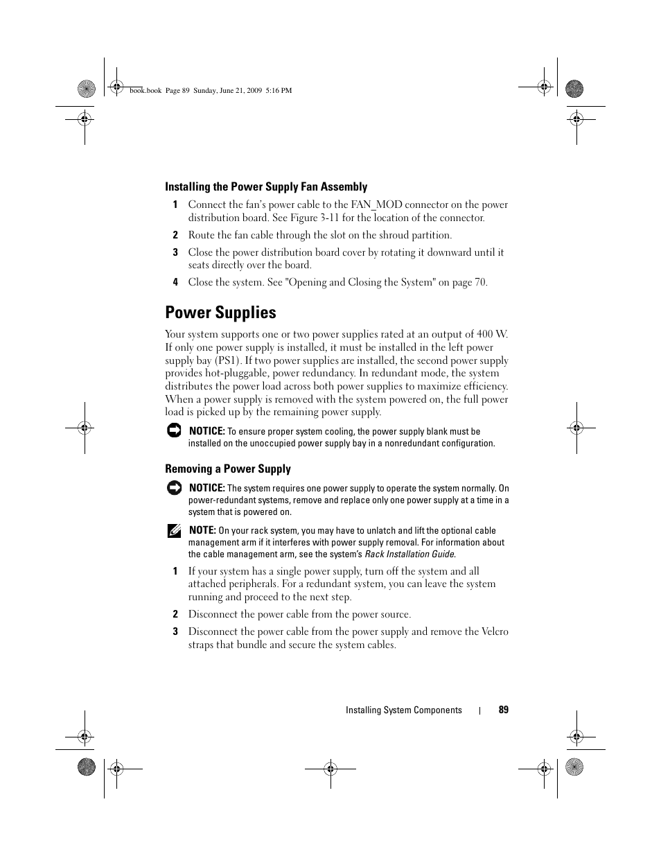 Installing the power supply fan assembly, Power supplies, Removing a power supply | Dell POWEREDGE 300 User Manual | Page 89 / 186
