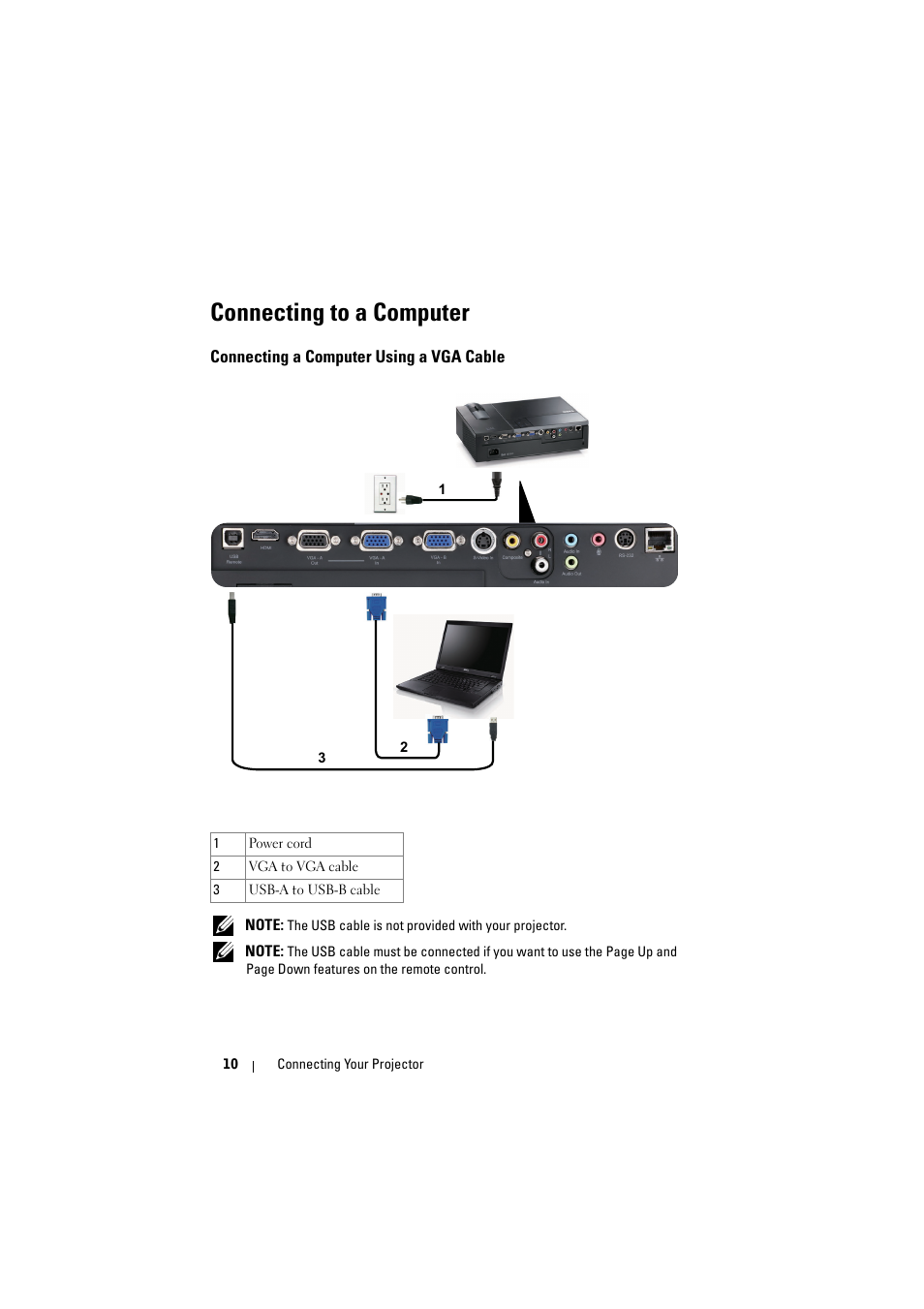 Connecting to a computer, Connecting a computer using a vga cable | Dell 1610HD Projector User Manual | Page 10 / 80