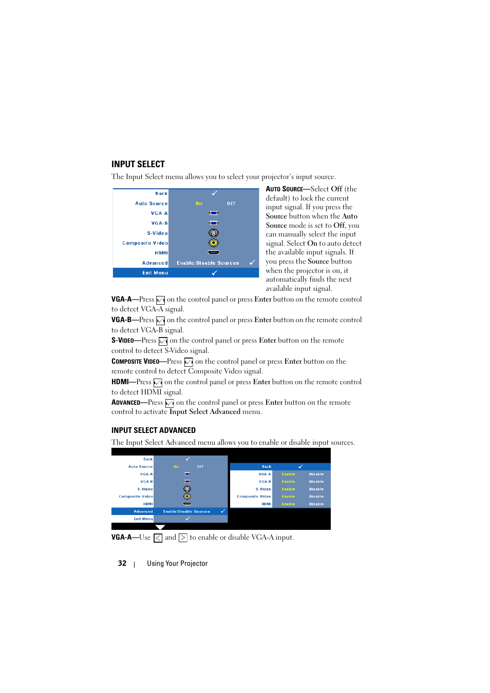 Input select, Input select advanced | Dell 1610HD Projector User Manual | Page 32 / 80