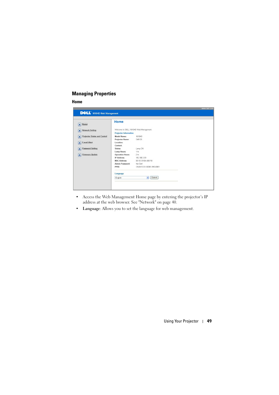 Managing properties, Home | Dell 1610HD Projector User Manual | Page 49 / 80