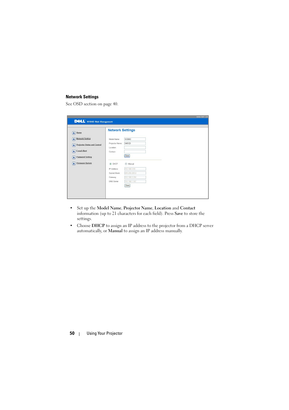 Network settings | Dell 1610HD Projector User Manual | Page 50 / 80