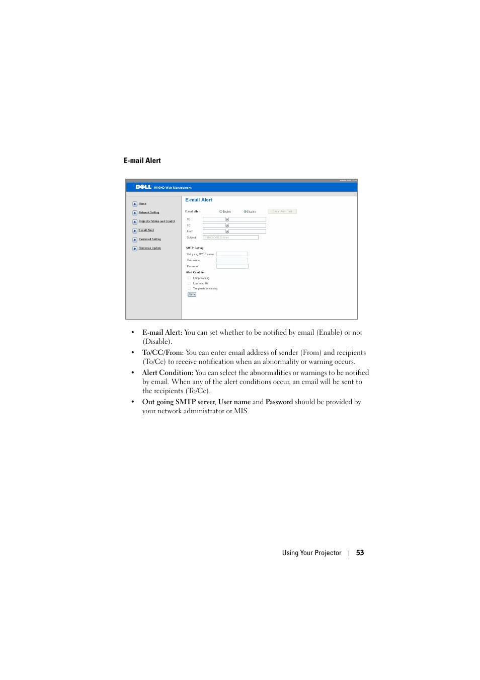 E-mail alert | Dell 1610HD Projector User Manual | Page 53 / 80