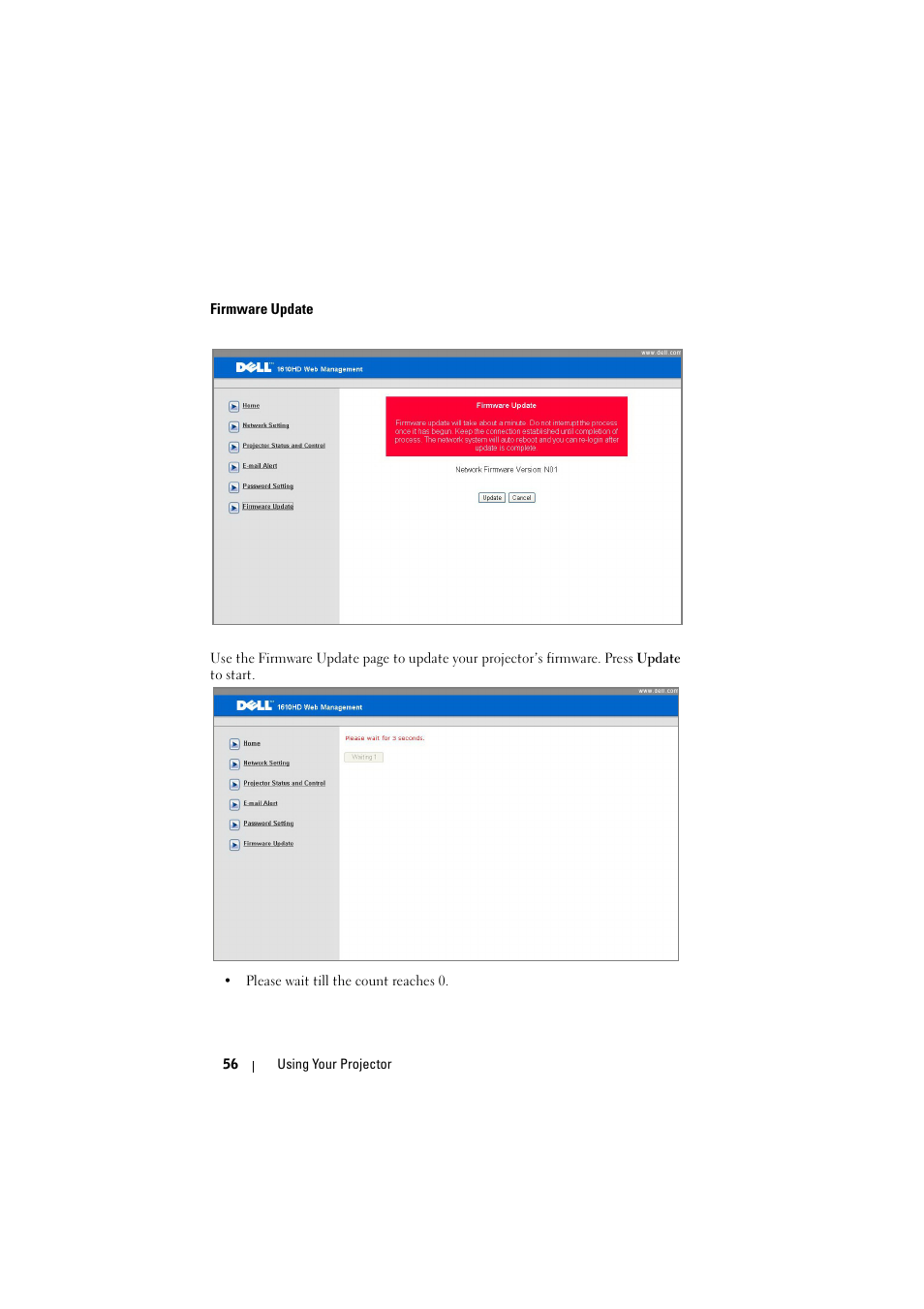 Firmware update | Dell 1610HD Projector User Manual | Page 56 / 80