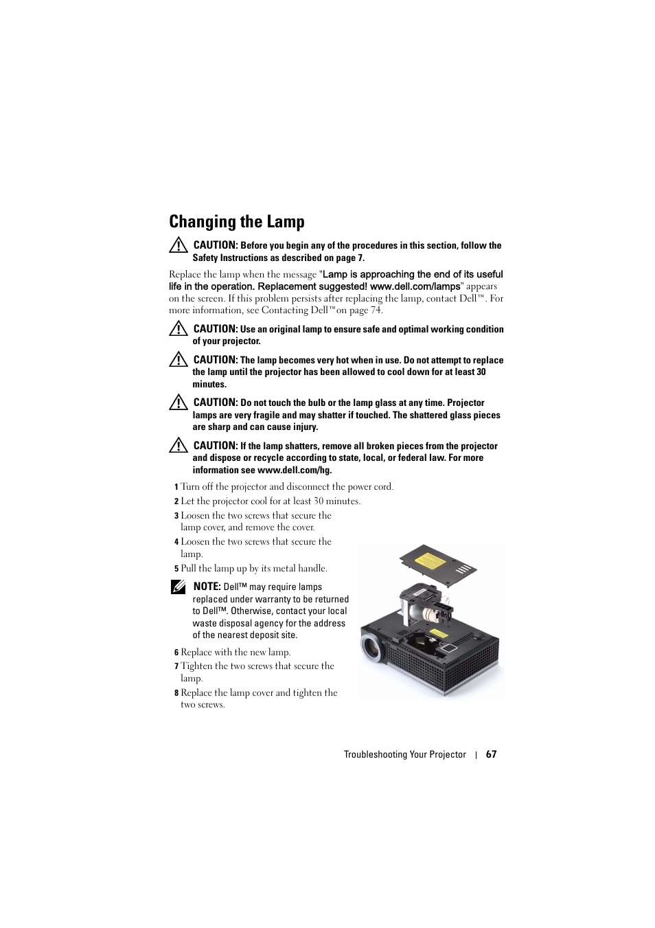 Changing the lamp | Dell 1610HD Projector User Manual | Page 67 / 80