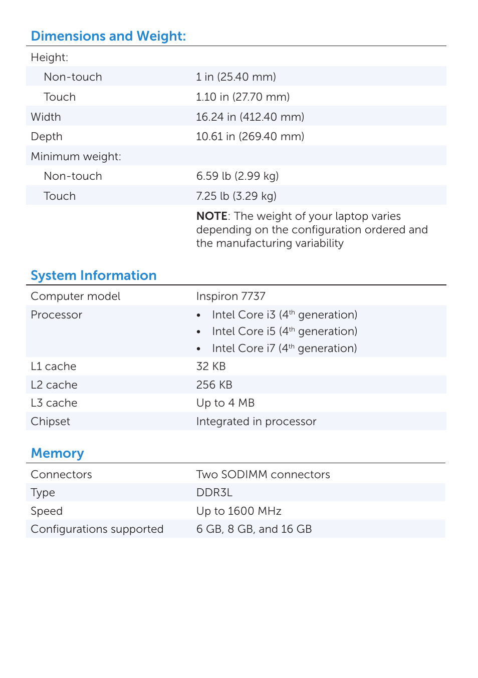 Dimensions and weight, System information | Dell Inspiron 17 (7737, Mid 2013) User Manual | Page 2 / 6