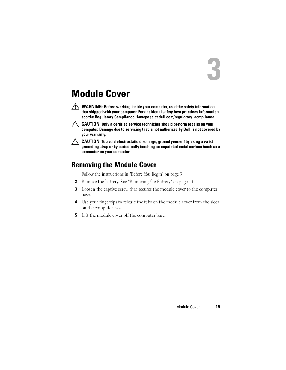 Module cover, Removing the module cover | Dell Inspiron 14z (N411z, Late 2011) User Manual | Page 15 / 102