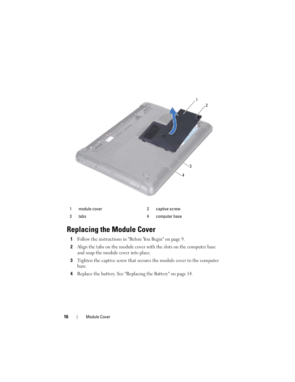 Replacing the module cover | Dell Inspiron 14z (N411z, Late 2011) User Manual | Page 16 / 102