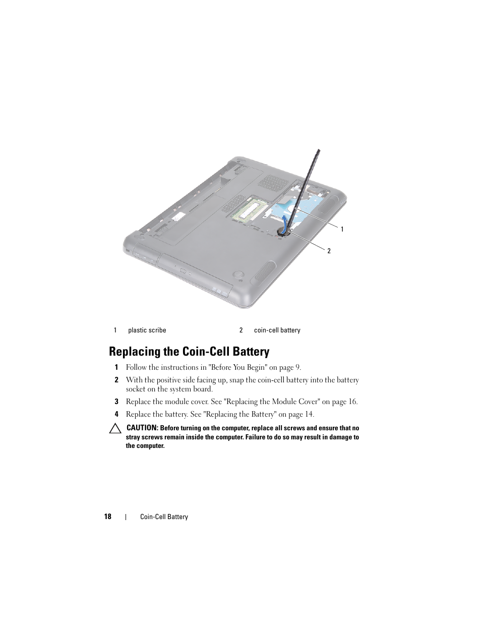 Replacing the coin-cell battery | Dell Inspiron 14z (N411z, Late 2011) User Manual | Page 18 / 102