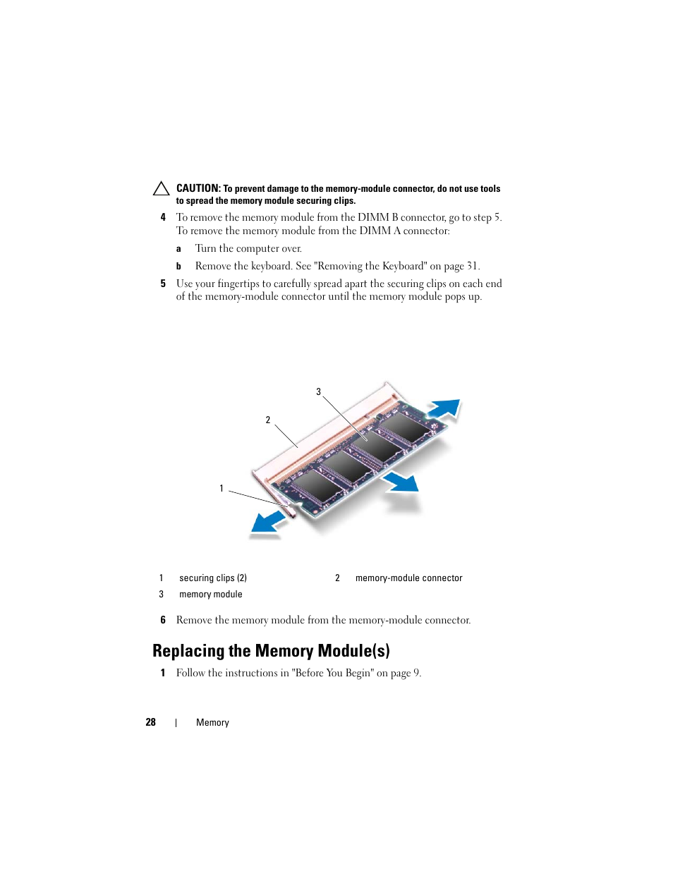 Replacing the memory module(s) | Dell Inspiron 14z (N411z, Late 2011) User Manual | Page 28 / 102