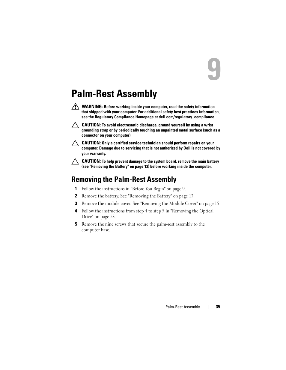 Palm-rest assembly, Removing the palm-rest assembly | Dell Inspiron 14z (N411z, Late 2011) User Manual | Page 35 / 102