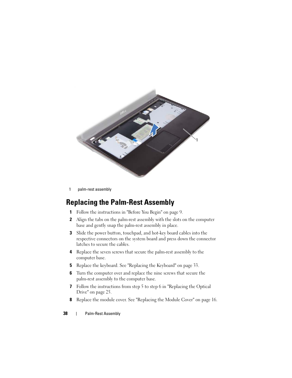 Replacing the palm-rest assembly | Dell Inspiron 14z (N411z, Late 2011) User Manual | Page 38 / 102