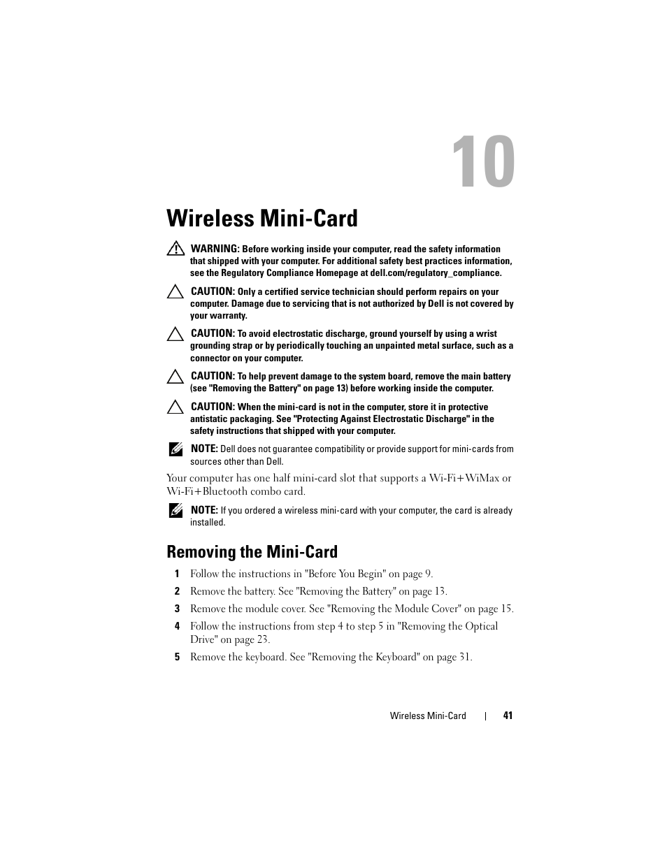 Wireless mini-card, Removing the mini-card | Dell Inspiron 14z (N411z, Late 2011) User Manual | Page 41 / 102