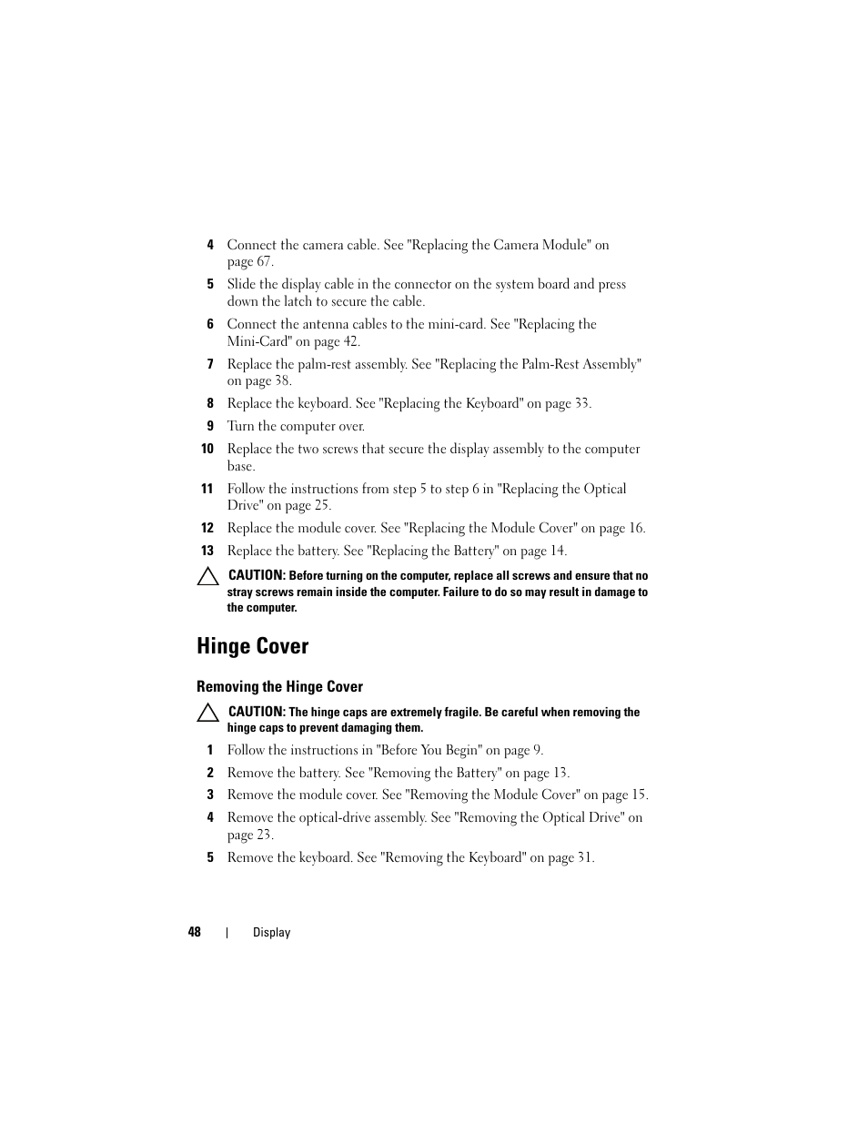 Hinge cover, Removing the hinge cover | Dell Inspiron 14z (N411z, Late 2011) User Manual | Page 48 / 102