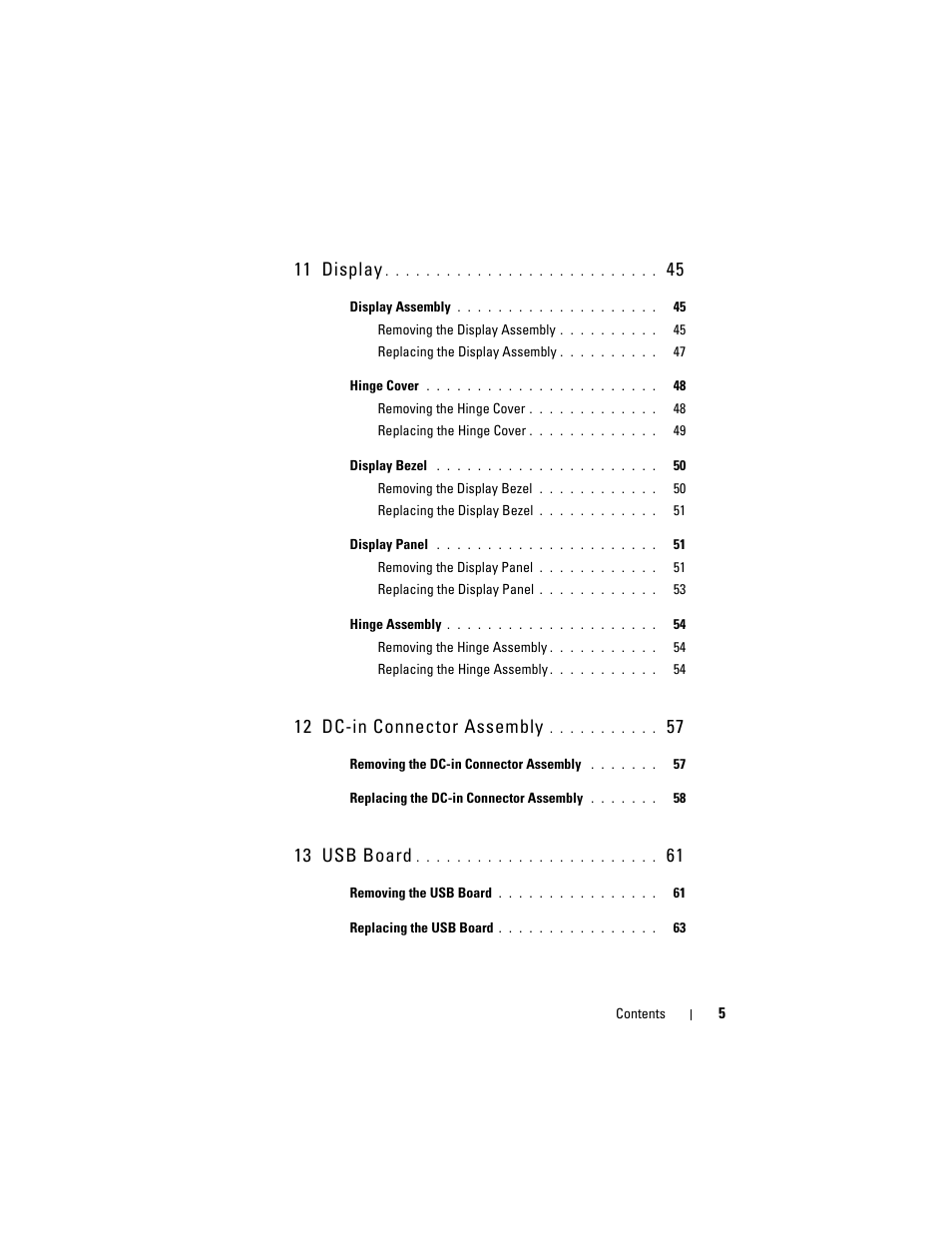 11 display, 12 dc-in connector assembly, 13 usb board | Dell Inspiron 14z (N411z, Late 2011) User Manual | Page 5 / 102