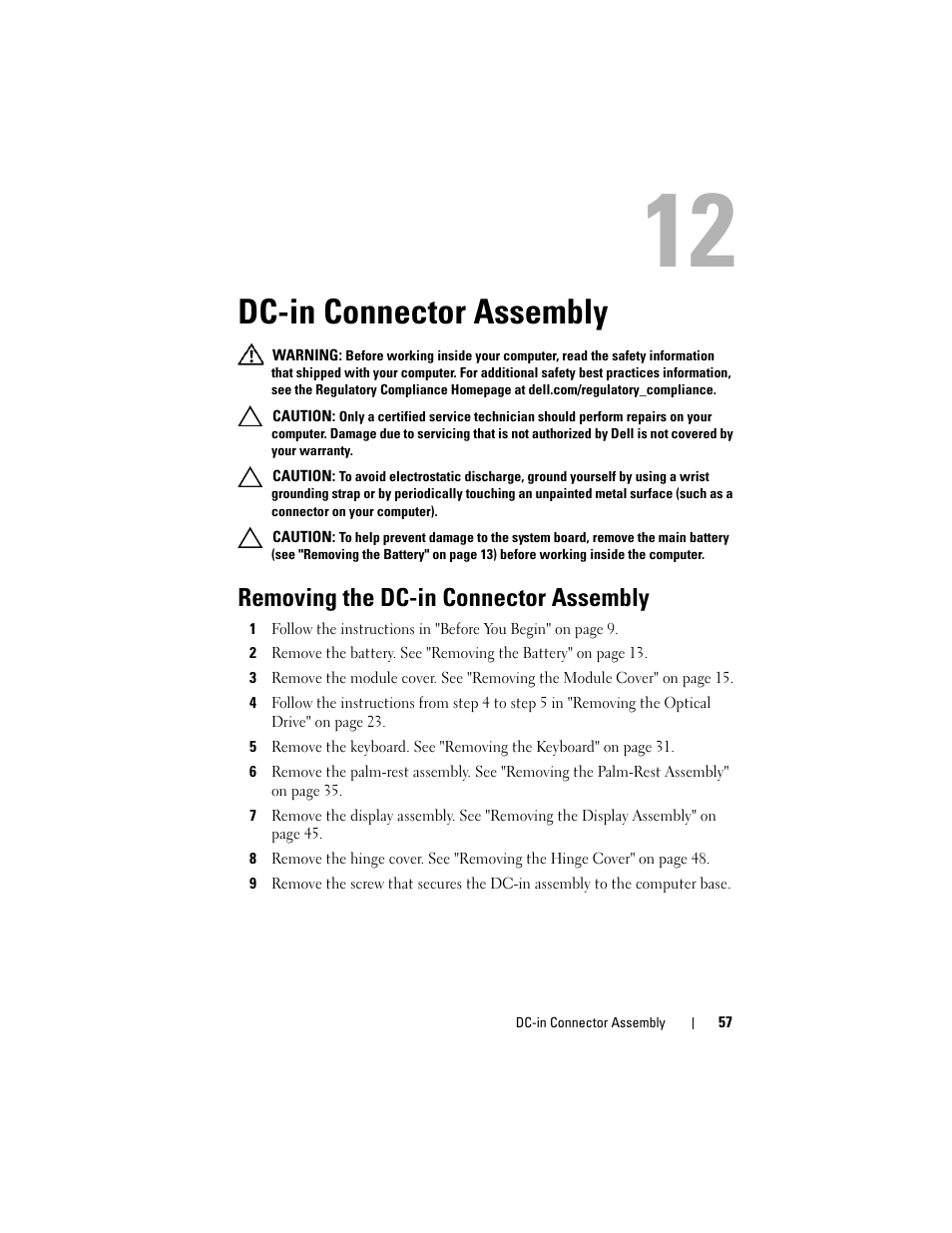 Dc-in connector assembly, Removing the dc-in connector assembly | Dell Inspiron 14z (N411z, Late 2011) User Manual | Page 57 / 102