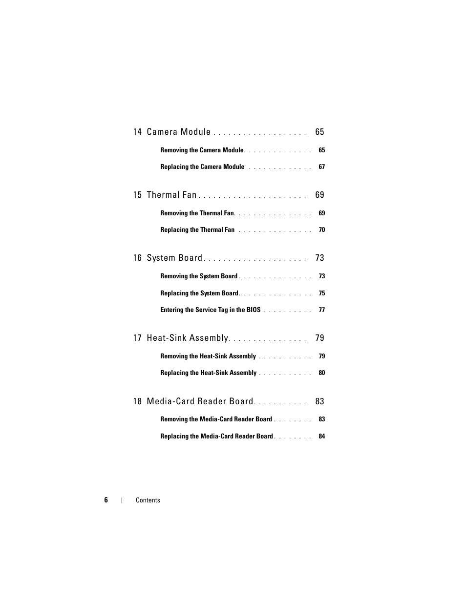 14 camera module, 15 thermal fan, 16 system board | 17 heat-sink assembly, 18 media-card reader board | Dell Inspiron 14z (N411z, Late 2011) User Manual | Page 6 / 102
