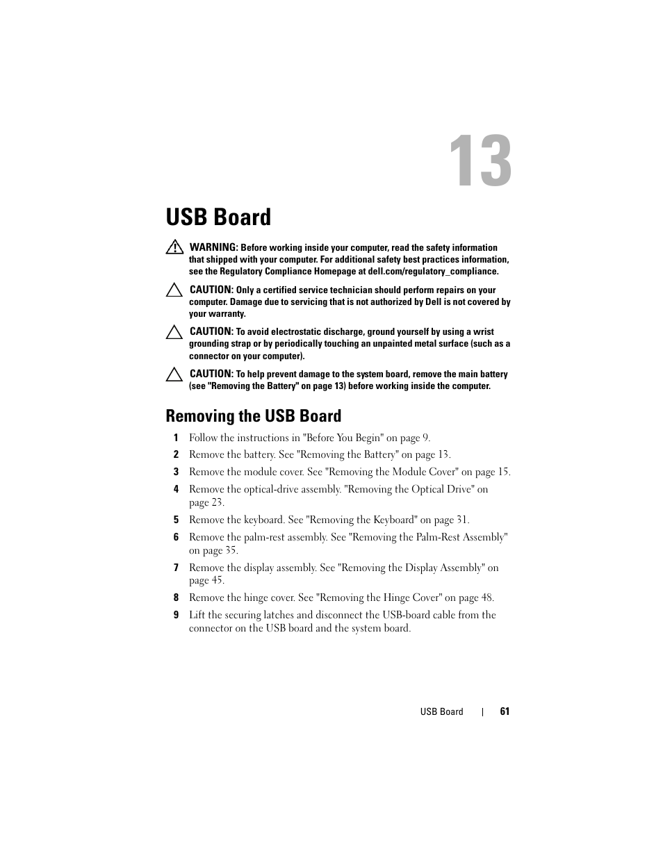 Usb board, Removing the usb board | Dell Inspiron 14z (N411z, Late 2011) User Manual | Page 61 / 102