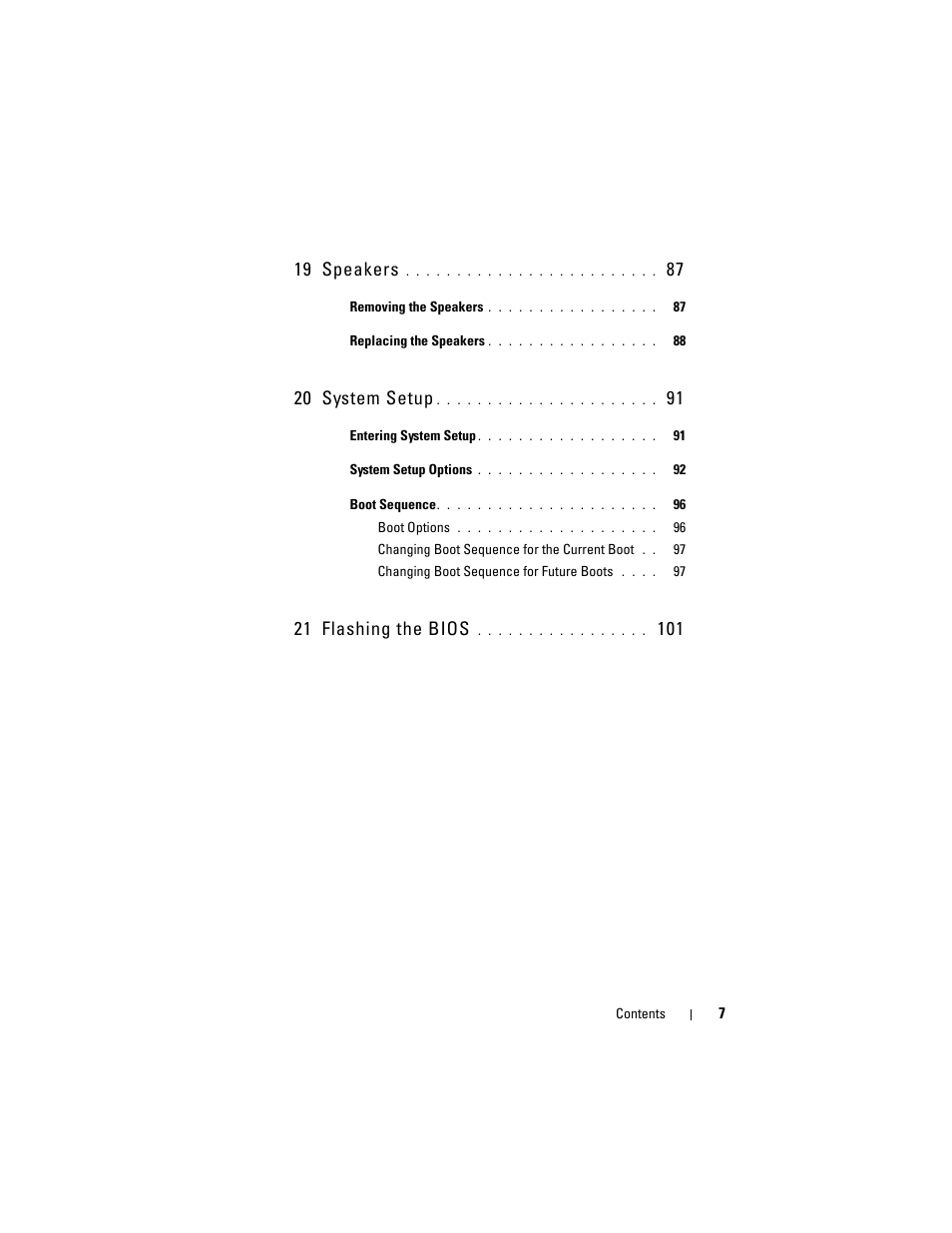 19 speakers, 20 system setup, 21 flashing the bios | Dell Inspiron 14z (N411z, Late 2011) User Manual | Page 7 / 102