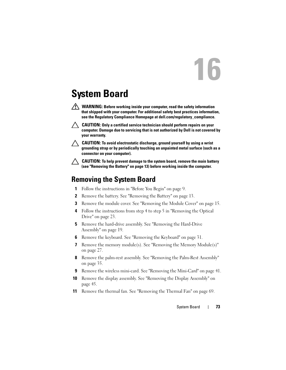 System board, Removing the system board | Dell Inspiron 14z (N411z, Late 2011) User Manual | Page 73 / 102