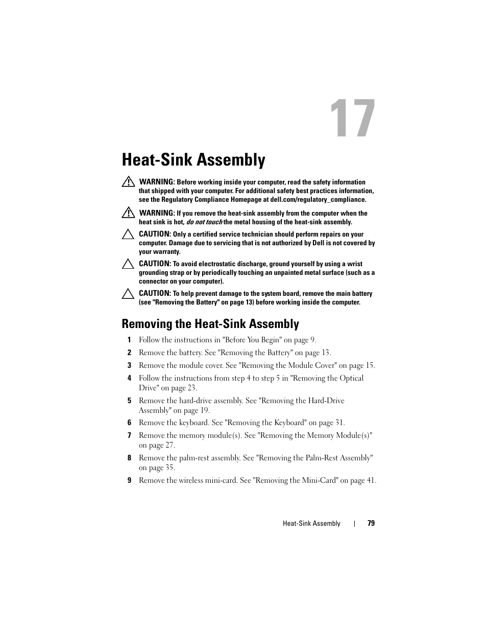 Heat-sink assembly, Removing the heat-sink assembly | Dell Inspiron 14z (N411z, Late 2011) User Manual | Page 79 / 102