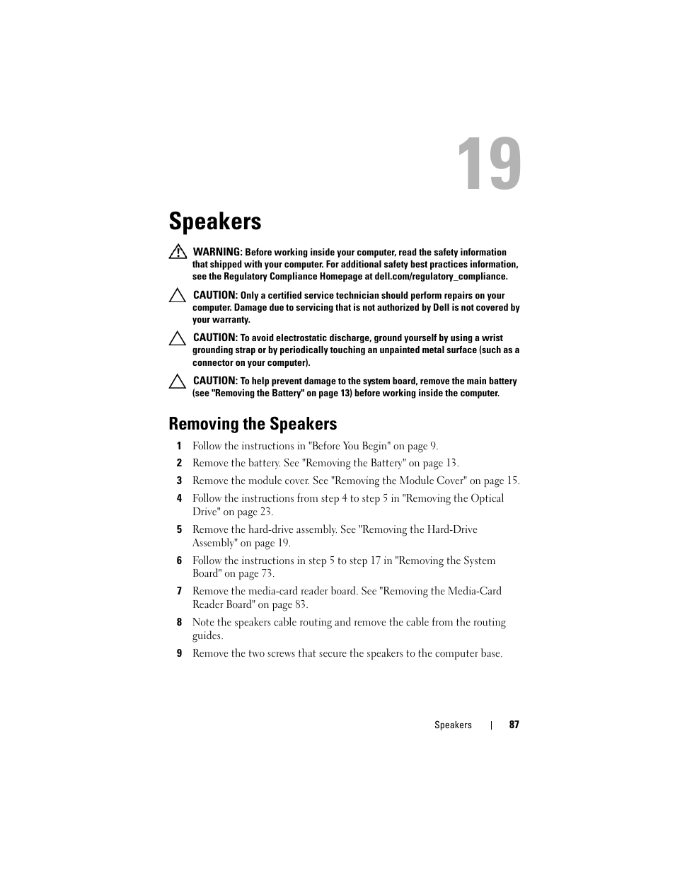 Speakers, Removing the speakers | Dell Inspiron 14z (N411z, Late 2011) User Manual | Page 87 / 102