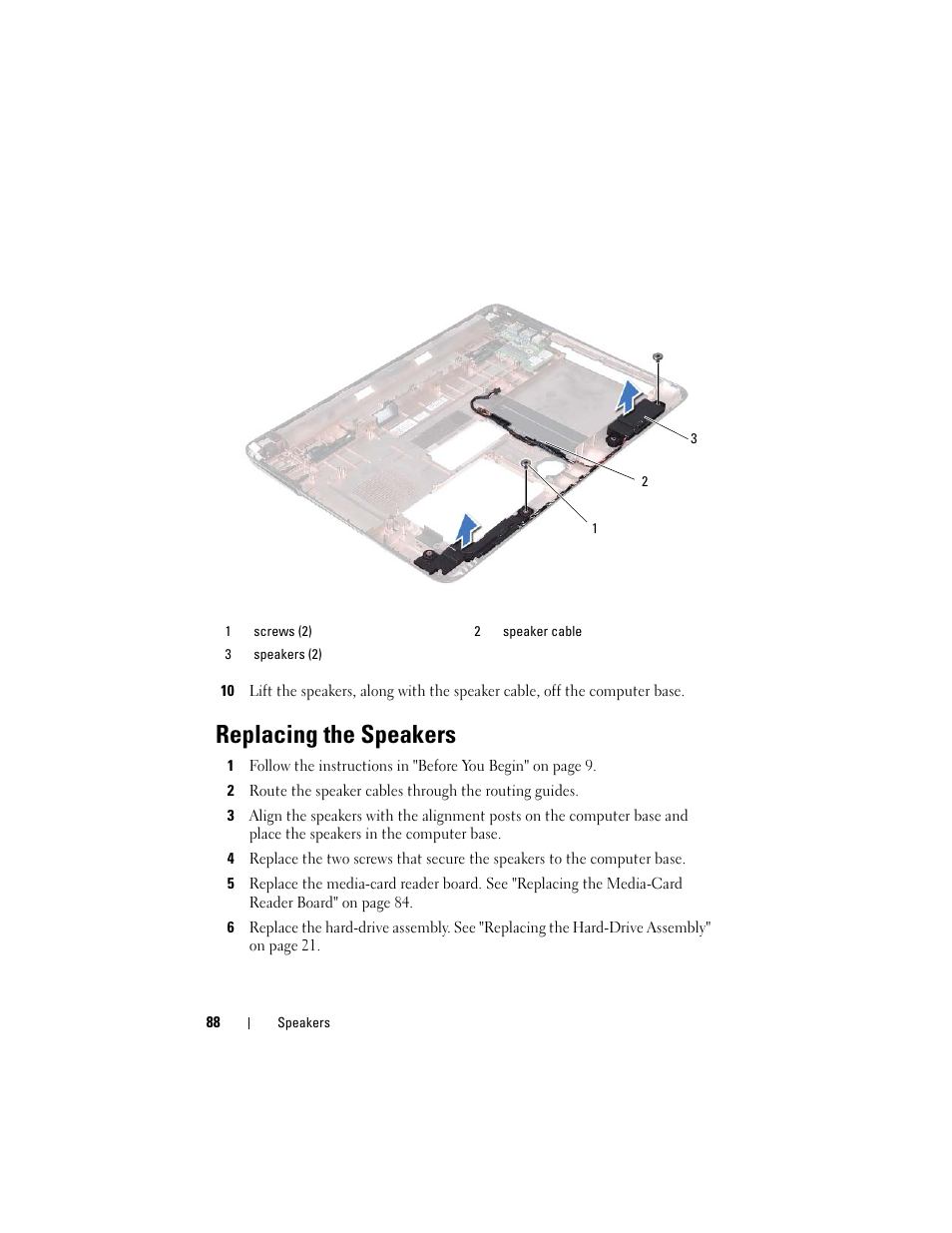 Replacing the speakers | Dell Inspiron 14z (N411z, Late 2011) User Manual | Page 88 / 102